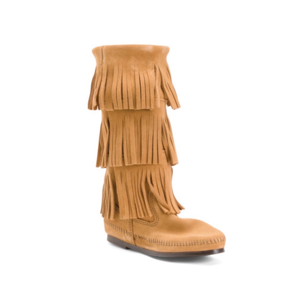 MINNETONKA Suede 3 Layer Tall Fringe Taupe Boots sz 6